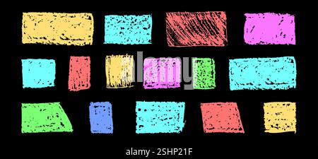 Set of abstract geometric basic shapes drawn with pastel colored charcoal. Hand drawn paint quote frame collection. Empty colorful speech bubble set Stock Vector