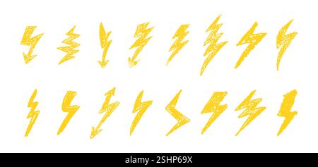 Set of lightning by wax pencil drawing. Collection of handdrawing chalk , light flash signs, Doodle thunder bolts, golden color design elements Stock Vector