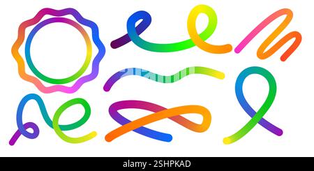 Abstract Color Rainbow Gradient Shapes Set. Vector Graphic with Wavy Lines in Bright Colors. Colorful Fluid Wave Pattern. Squiggly Design Elements. Stock Vector