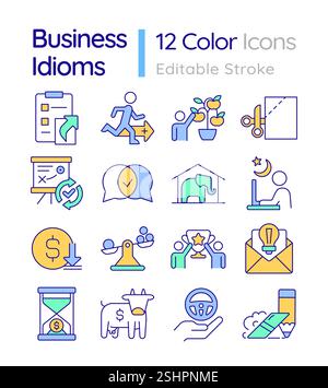 Business idioms RGB color icons set Stock Vector