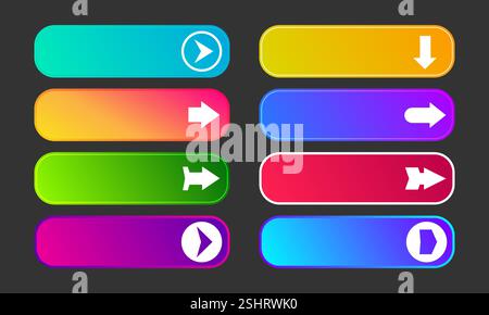 Colorful gradient buttons with arrows. Set of eight modern abstract web buttons. Vector illustration Stock Vector