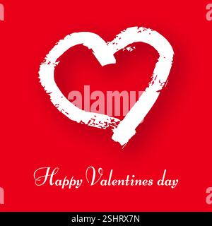 Hand drawn heart on red background. White grunge doodle heart with shadow. Romantic love symbol. Vector illustration. Stock Vector