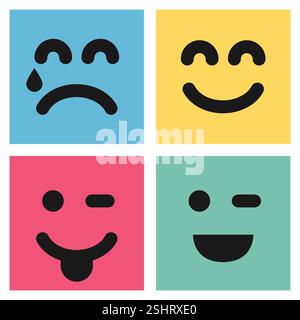 Set of four colorful emoticons with smiley and crying faces. Emoji icon in square. Flat background pattern. Vector illustration Stock Vector