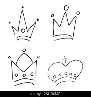 Hand drawn crowns. Set of four simple graffiti sketch queen or king crowns. Royal imperial coronation and monarch symbols. Black brush doodle isolated Stock Vector