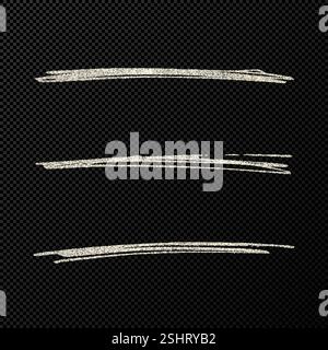 Abstract shiny confetti glittering waves. Set of three hand drawn brush silver strokes on black transparent background. Vector illustration Stock Vector