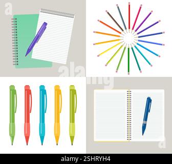 Set of four vector illustration with notebooks, pens and pencils. Stock Vector