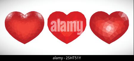 Set of three Red Low Poly Hearts on white background. Symbol of Love. Vector illustration Stock Vector