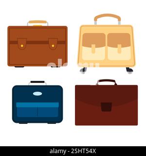 Set of four bags on white background. Suitcase for journey trip in flat style. Vector illustration Stock Vector