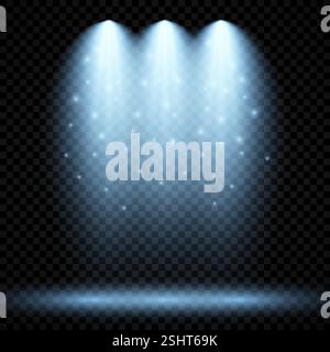 Cold blue lighting with three spotlights. Scene illumination effects on a dark transparent background. Vector illustration Stock Vector