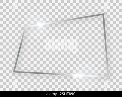 Silver shiny rectangular frame with glowing effects and shadows on transparent background. Vector illustration Stock Vector