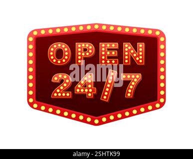 Open 247 sign with light bulbs advertising nonstop service Stock Vector