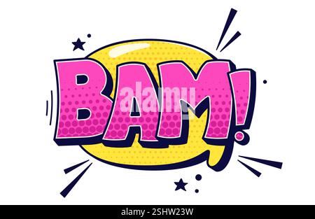 Speech bubble BAM. Purple halftone text on yellow background. Stock Vector