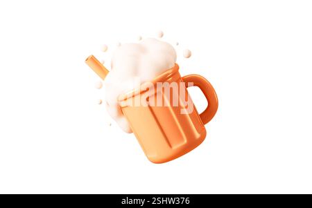 Cartoon a golden, frothy drink on the orange background, 3d rendering. 3d illustration. Stock Photo