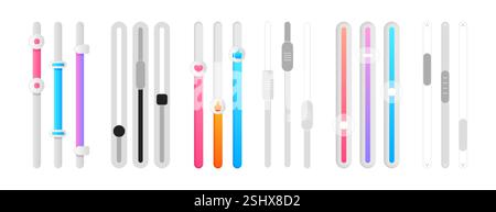 Scroll bars vector set. Vertical colored sliders or scrollbars. Web design elements for website or internet page. Menu graphic ui interface scrolls control, brightness controllers and volume sliders Stock Vector
