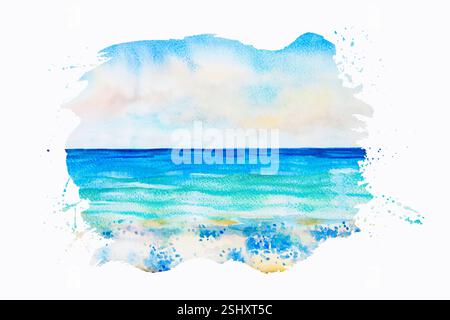 Watercolor seascape original painting colorful of sea view, wave and sky,cloud background in the morning bright, nature beauty season. Painted impress Stock Photo