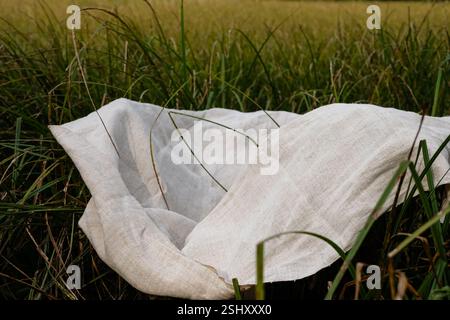 Organic hemp fabric on the grass. Plant fabric. Sustainable lifestyle. Copy space. Stock Photo