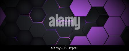 Dark purple hexagonal technology horizontal abstract vector background. Purple and pink bright energy flashes under hexagon in futuristic modern Stock Vector