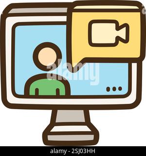 Video conference vector doodle illustration and graphic. Part of communication category. Stock Vector