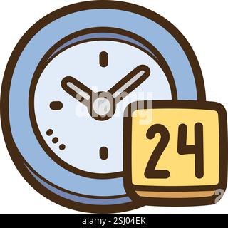 24 hours service vector doodle illustration and graphic. Part of contact us category. Stock Vector