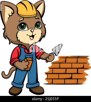 Builder cat. Cute kitten is building a house. Bright vector illustration for children's book, card, poster Stock Vector