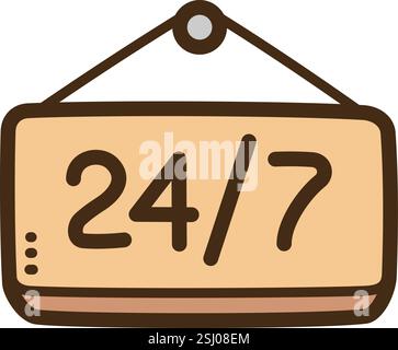 Open 24h vector doodle illustration and graphic. Part of ecommerce category. Stock Vector