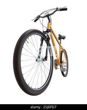 Orange bicycle, front side view with wide angle shot of the front wheel. Black leather saddle and handles. Isolated on white background, 3D illustrati Stock Photo