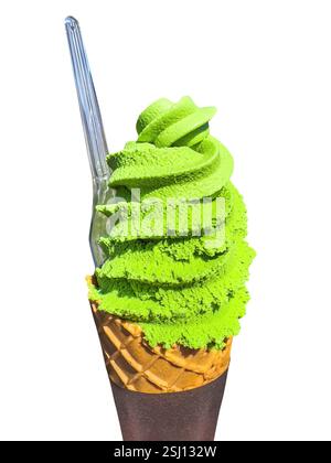 Japanese green tea Matcha ice cream cone. Matcha ice isolated on white background. Stock Photo