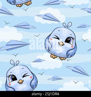 Seamless pattern with blue birds and paper airplanes. Cute cartoon vector illustration on a blue background with white clouds. Stock Vector