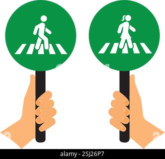 Hands holding green round signs with man and woman crosswalk signs on a white background Stock Vector