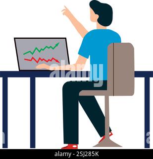 Man with a computer with pointing bars chart on a desk on a white background Stock Vector