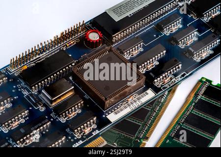 Micro Chip, AI Trade War China, USA, Europe, India concept macro close-up with circuit board in the background 20 Stock Photo