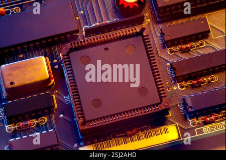 Micro Chip, AI Trade War China, USA, Europe, India concept macro close-up with circuit board in the background 20 Stock Photo