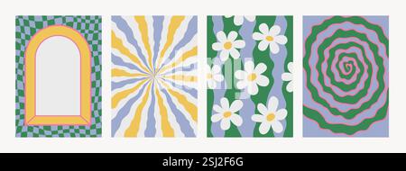Abstract psychedelic retro pattern set. Groovy backgrounds in retro colors. Trendy twisted funky vector texture in abstract y2k style. Vector graphic Stock Vector