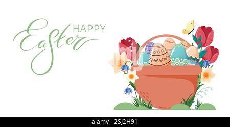 Happy Easter Greeting Card. Many colored Eggs in a basket among tulips, narcissus, and Scylla flowers and Hand Lettering Easter word in Pastel Colors Stock Vector
