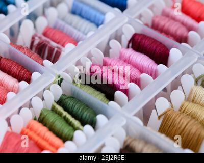 Plastic bobbins with different colour embroidery threads in a plastic sorting box. Close-up Stock Photo