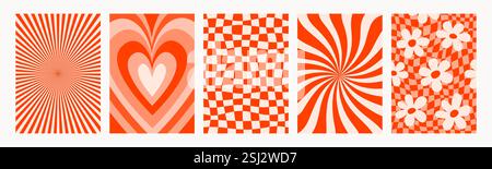 Abstract psychedelic pattern set. Groovy backgrounds with hearts and flowers in red colors. Trendy funky vector textures in abstract y2k style. Vector Stock Vector