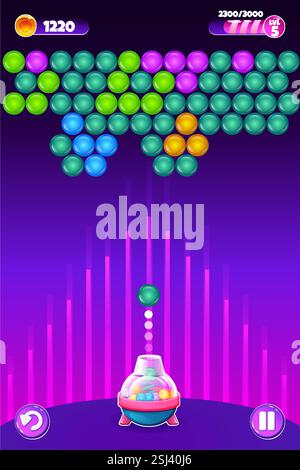 Shooting Ball game UI. Full Game Colorful Cartoon User Interface Design GUI in bridge colors Stock Vector