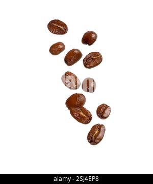 Roasted coffee beans pile and flying coffee beans isolated on white ...