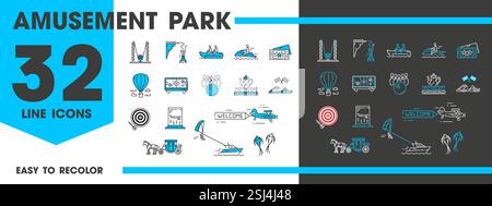 Amusement park line icons of funfair rides or attractions, vector symbols. Amusement park carousels, entrance tickets and hot air balloon with kites a Stock Vector