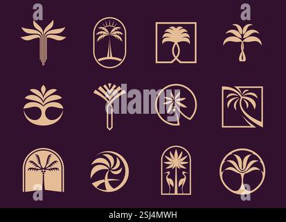Tropical summer palm beach tree and resort icons. Coconut palm trees, leaves and sun, sea wave and herons vector silhouettes. Hotel, spa and travel ag Stock Vector