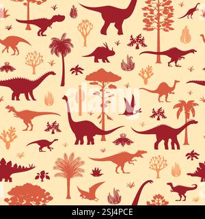 Dinosaur characters seamless pattern. Textile or fabric vector seamless pattern with allosaurus, brachiosaurus, paralititan and anchisaurus, camptosau Stock Vector
