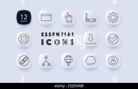 Digital connectivity set icon. Router, network settings, download, system check, global connectivity, cloud services, cancel button, hierarchical stru Stock Vector