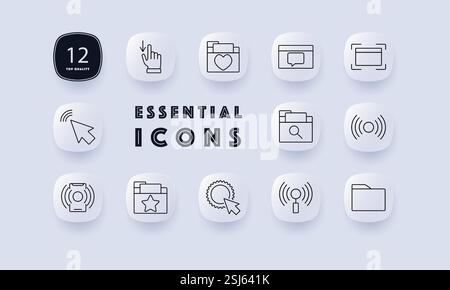 Web navigation set icon. Click function, file organization, messaging interface, responsive design, cursor interaction, file search, web accessibility Stock Vector