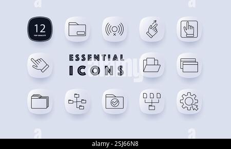 File management set icon. Folder, file, signal block, swipe gesture, click action, directory, document, workflow, data organization, settings. Stock Vector