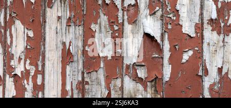 Panorama peeling paint on a weathered brown wooden wall texture background Stock Photo
