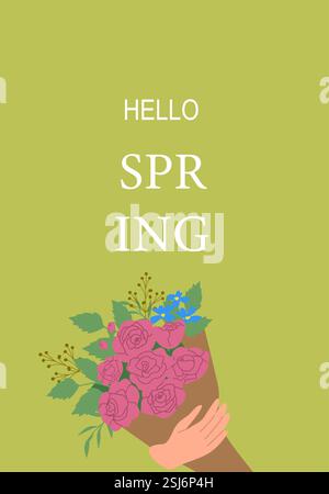 Hello spring greeting card with bouquet of flowers on green background. Stock Vector