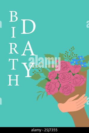 Colorful birthday card with bouquet of roses and green leaves on turquoise background. Stock Vector