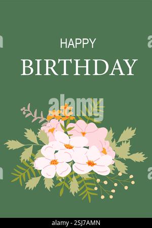 Floral birthday card with pink flowers on green background. Stock Vector
