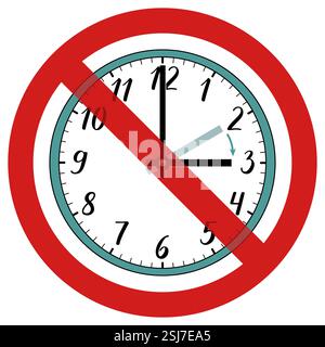 An illustration of a clock showing time adjustment, crossed out with a red circle, symbolizing the absence of the need to change clocks. Stock Vector