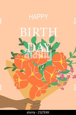 Happy birthday card with bouquet of orange flowers and hand holding. Stock Vector